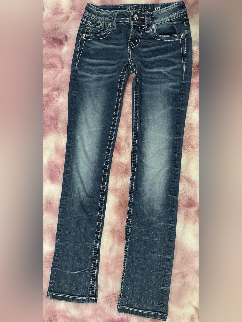 Miss Me Dark Indigo Skinny Jeans with Faded Whiskering